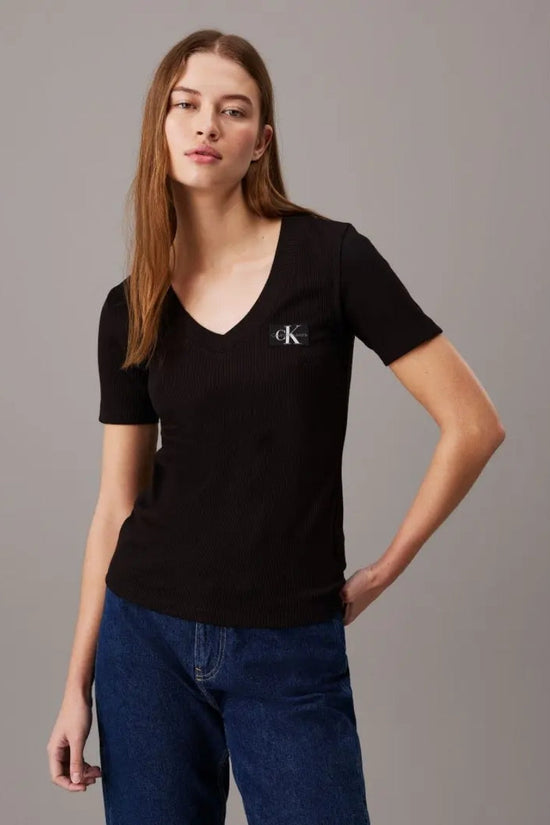 Woven Label Rib V Neck Tee - Calvin Klein