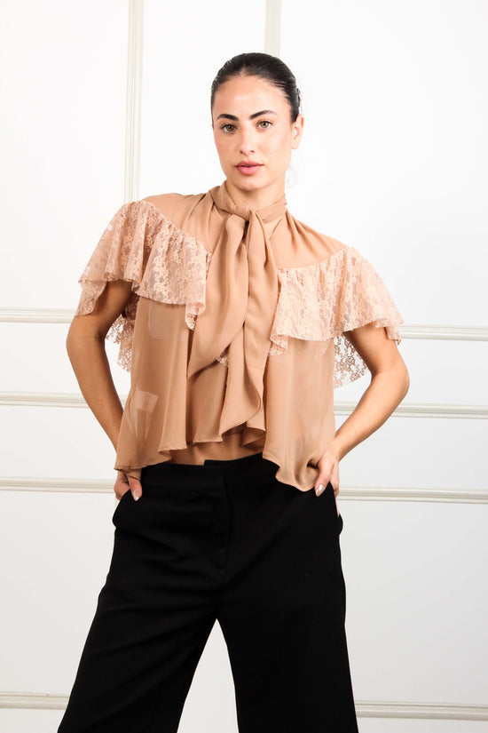 Muslin Blouse With Lace And Tie - We Coss