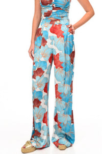 LEAVES PRINT SATIN PANTS