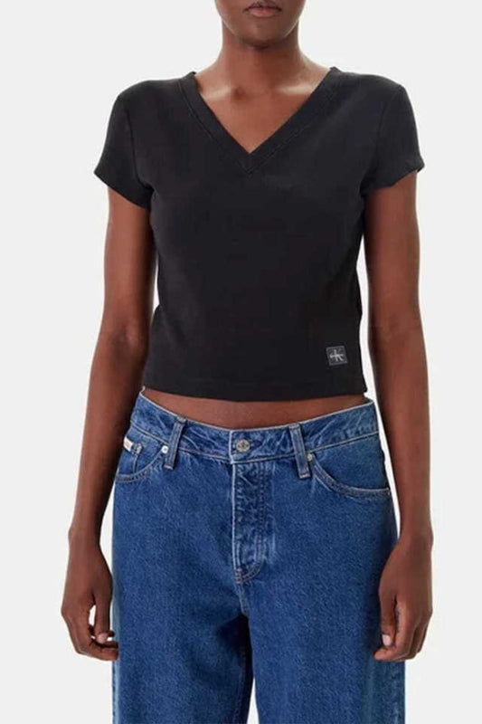 WOVEN LABEL RIB V NECK TEE