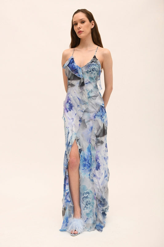 DRESS LONG PRINTED WITH RUFFLES