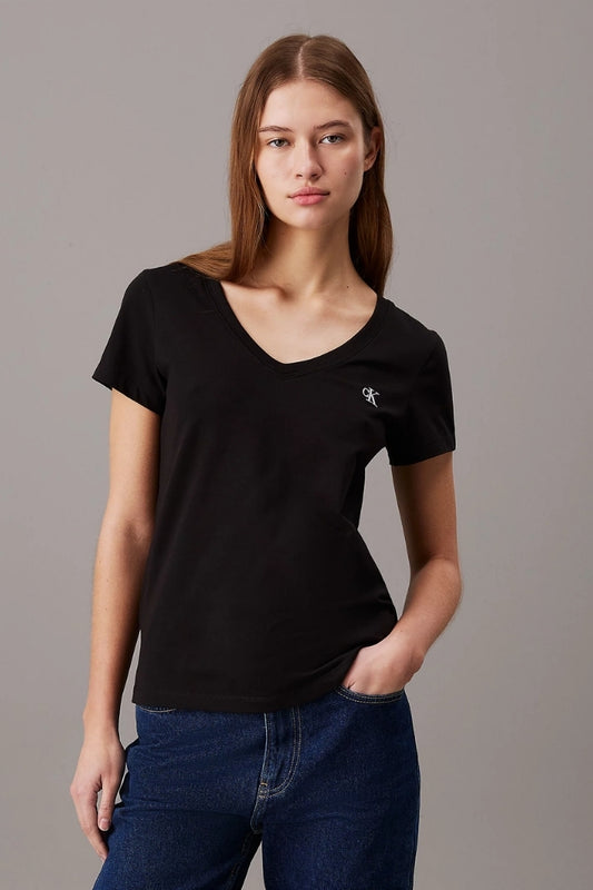 EMBROIDERY STRETCH V NECK TEE