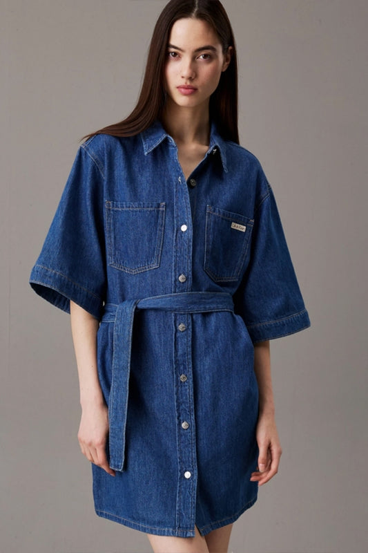 LINEN BOXY BELTED SHIRT DRESS