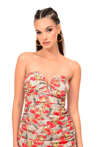 CHERRY PRINT STRAPLES DRESS