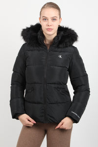 FAUX FUR HOODED FITTED SHORT JKT